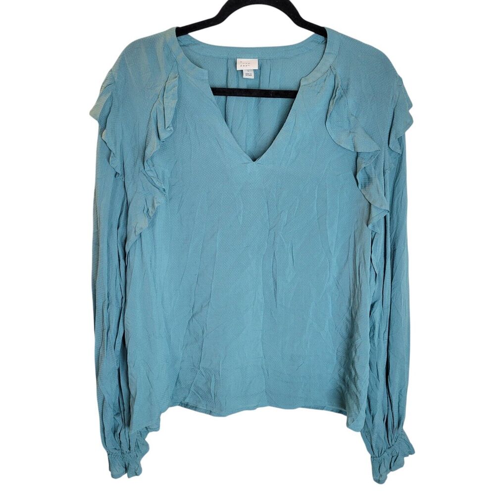 A New Day Womens Sz L Teal Blue Solid Long Sleeve Blouse